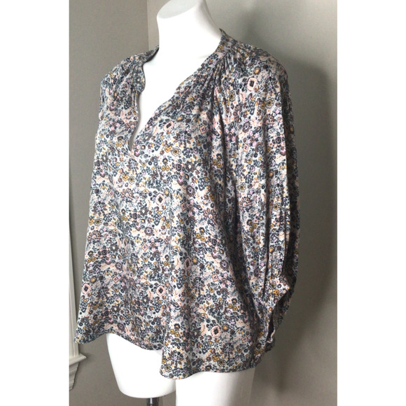 Roan & Ryan Floral Print Black, PInk, Green V-Neck, Peasant Blouse Size L - Picture 2 of 8